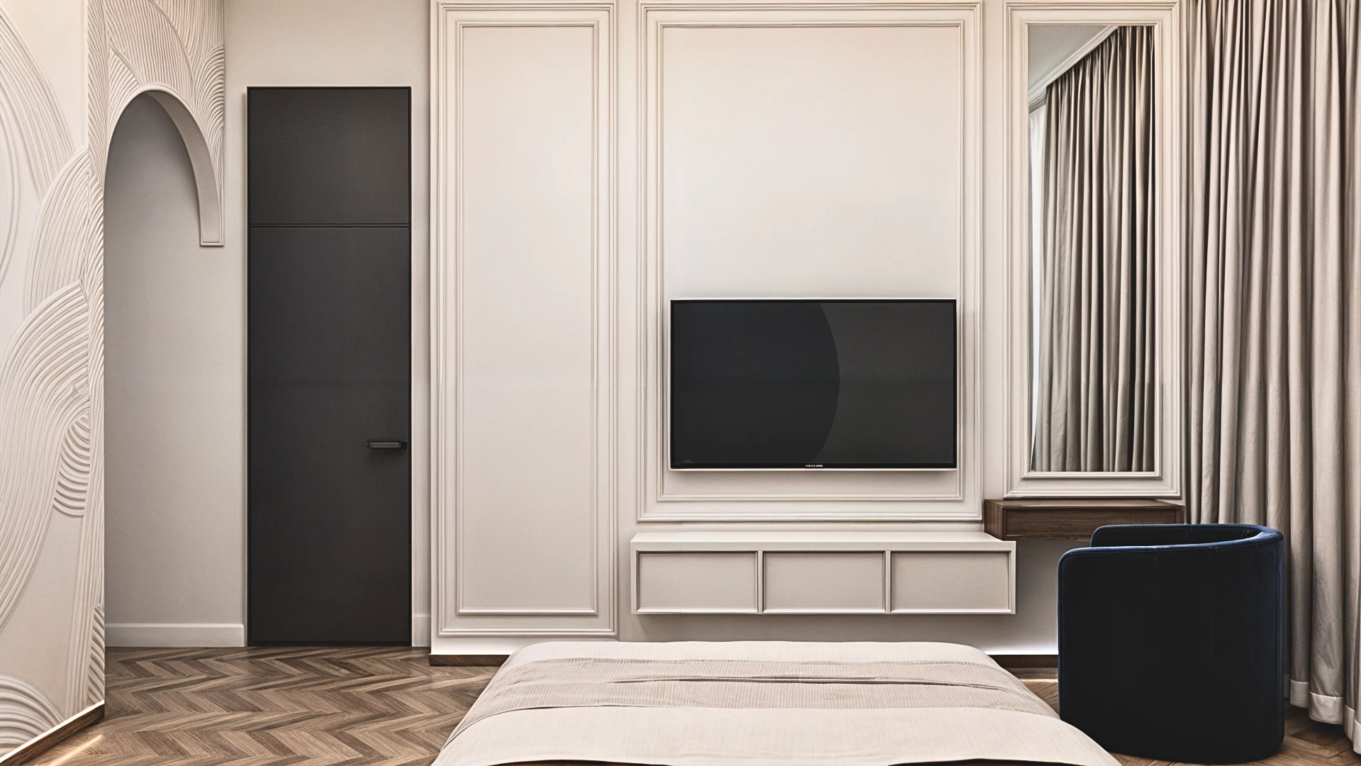 Elegant bedroom interior at Achakar Gardens showcasing clean lines, soft materials, and a calm, refined atmosphere.