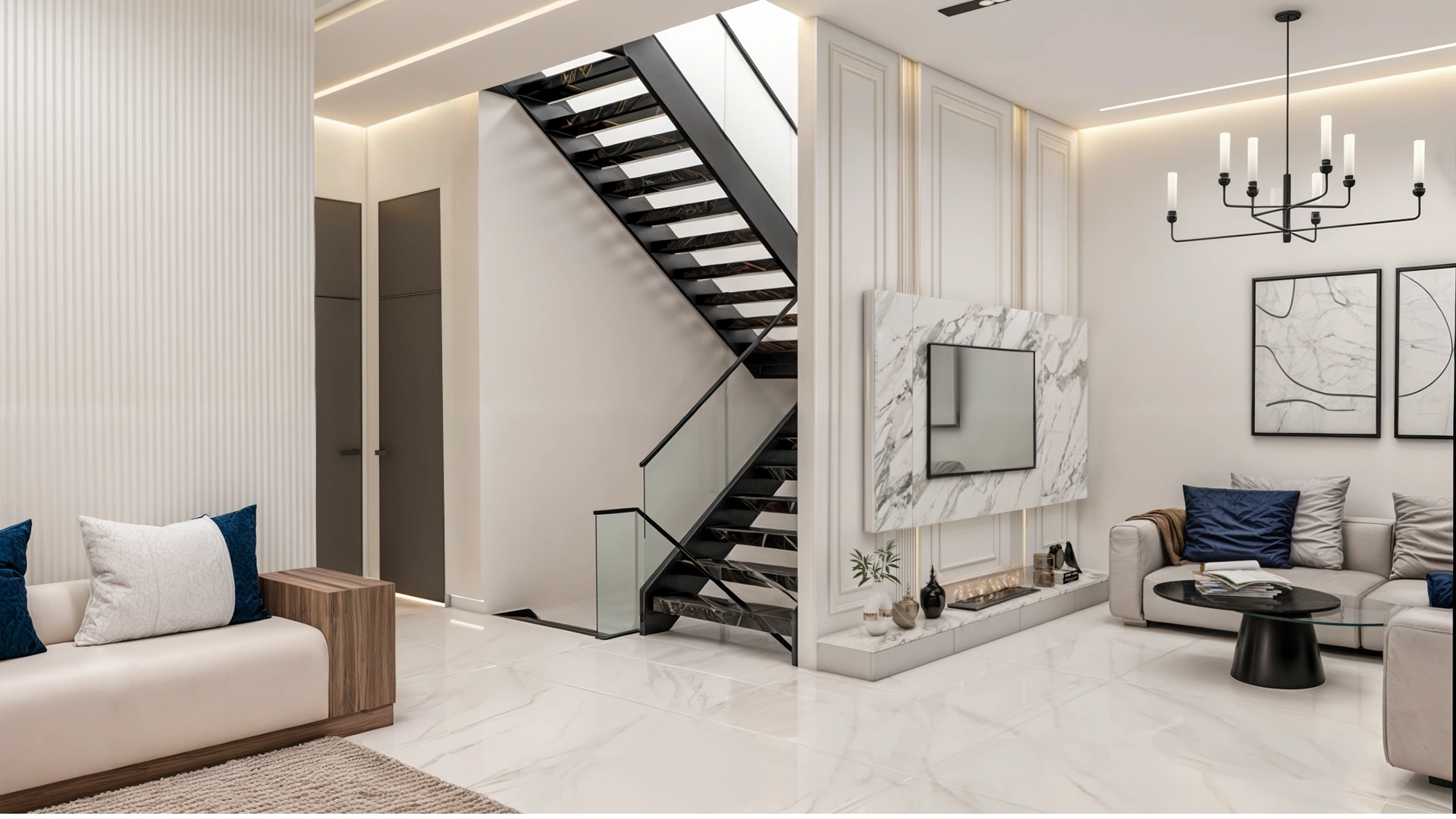 Minimalist living room design at Achakar Gardens with neutral tones, integrated lighting, and contemporary furniture.