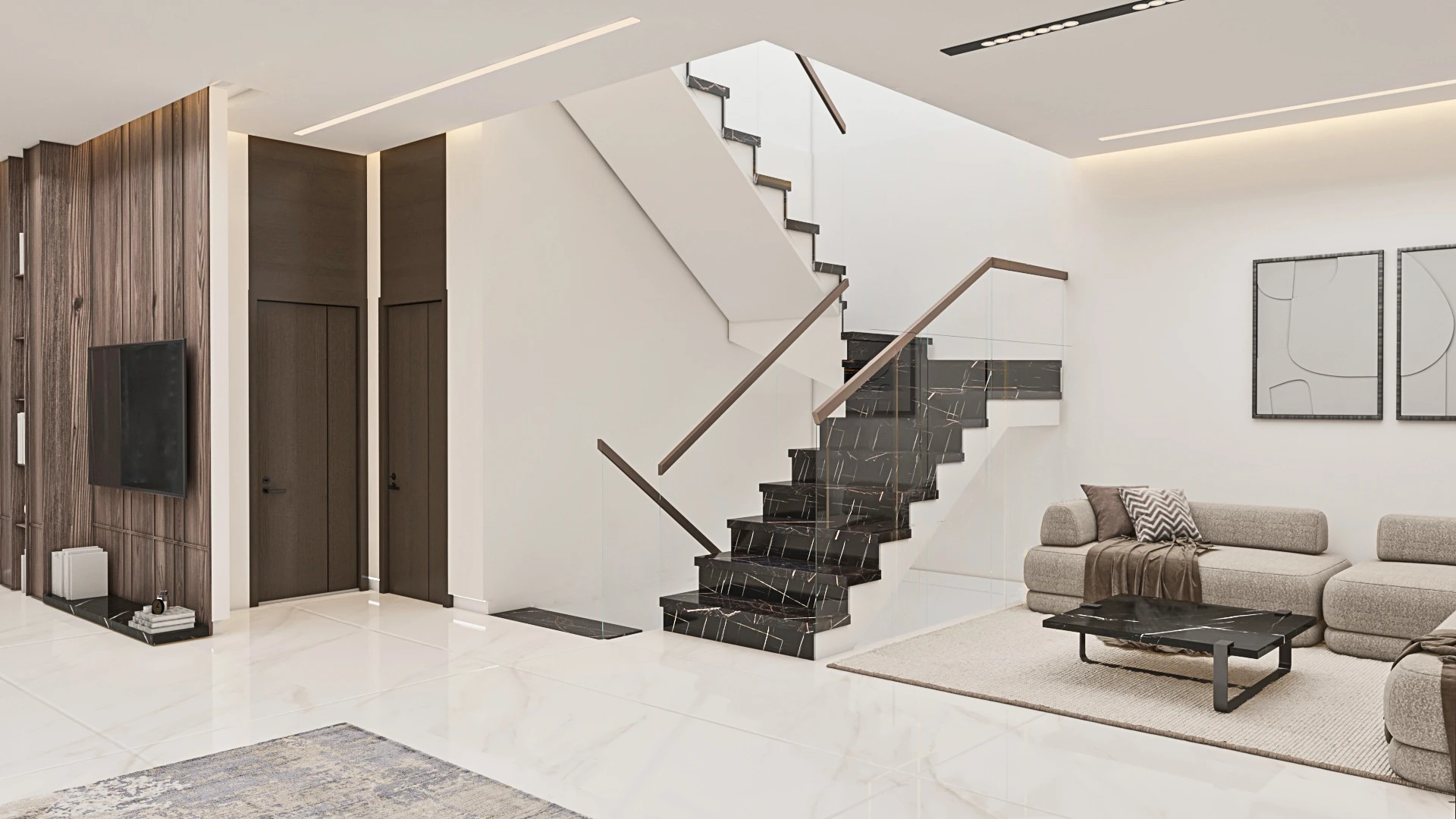 Minimalist living room design at Achakar Gardens with neutral tones, integrated lighting, and contemporary furniture.