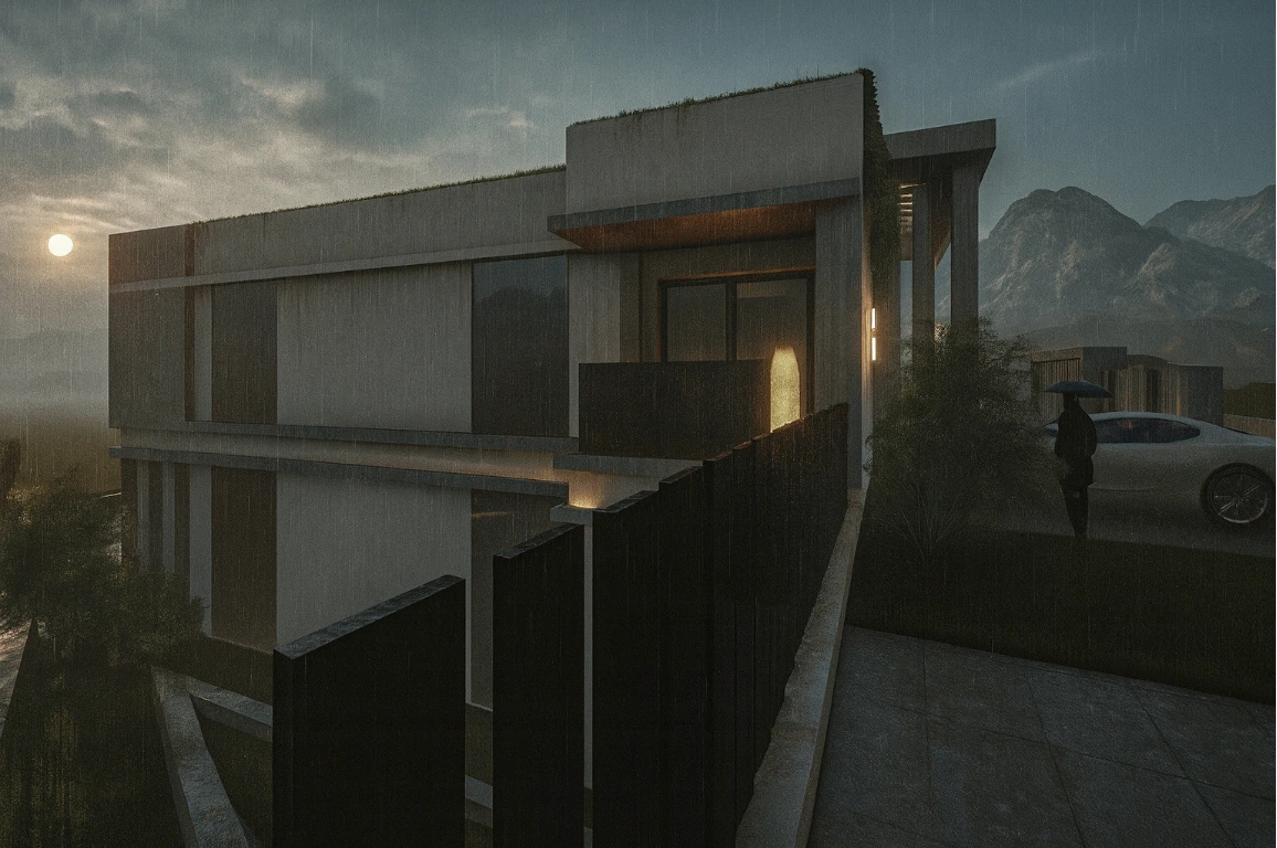 Contemporary luxury villa facade at Villa Mghayer showcasing clean architectural volumes, concrete textures, and modern design language.