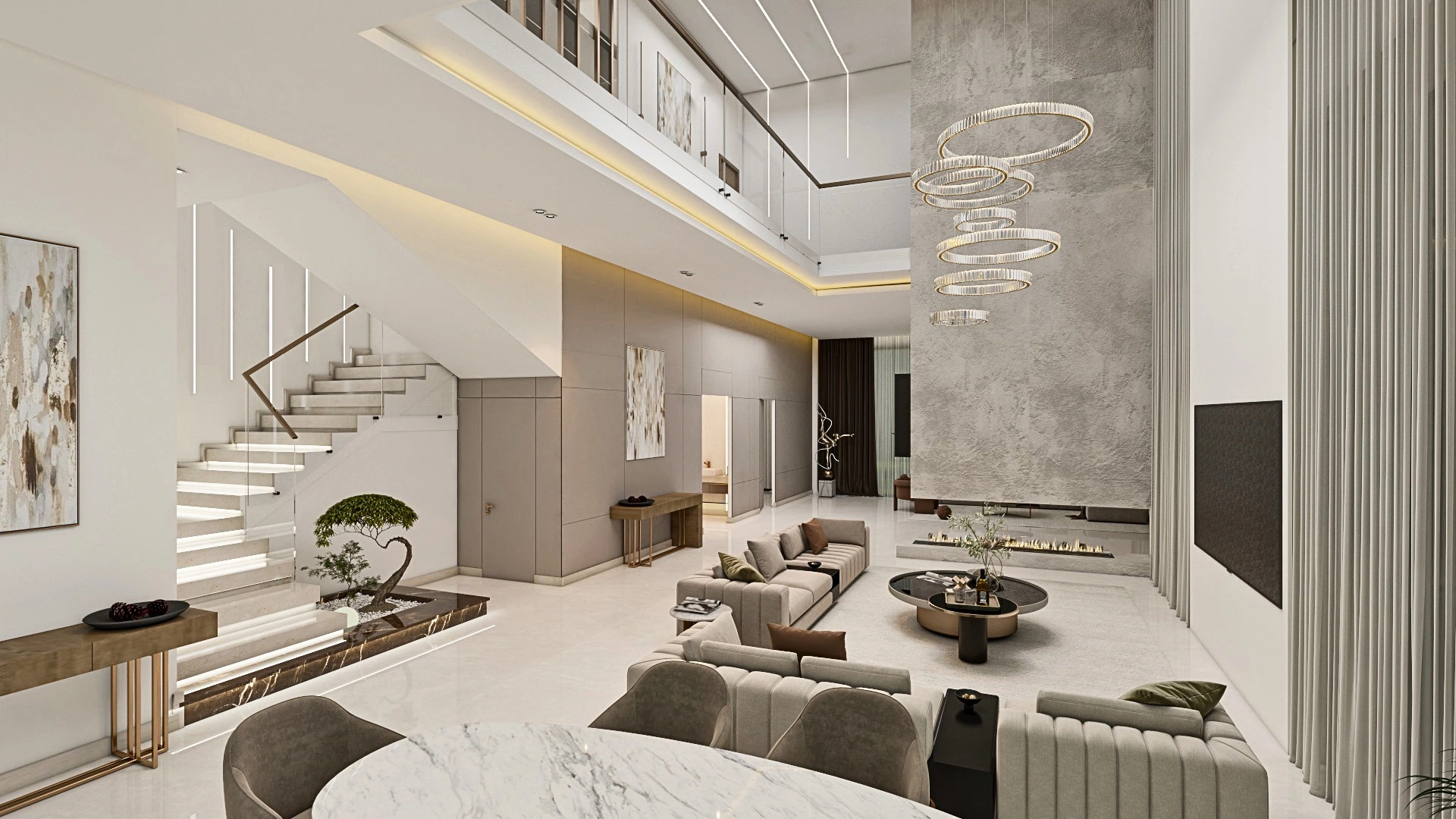 Open-plan living area at Villa Mghayer combining contemporary interior design, natural light, and a calm, refined atmosphere.