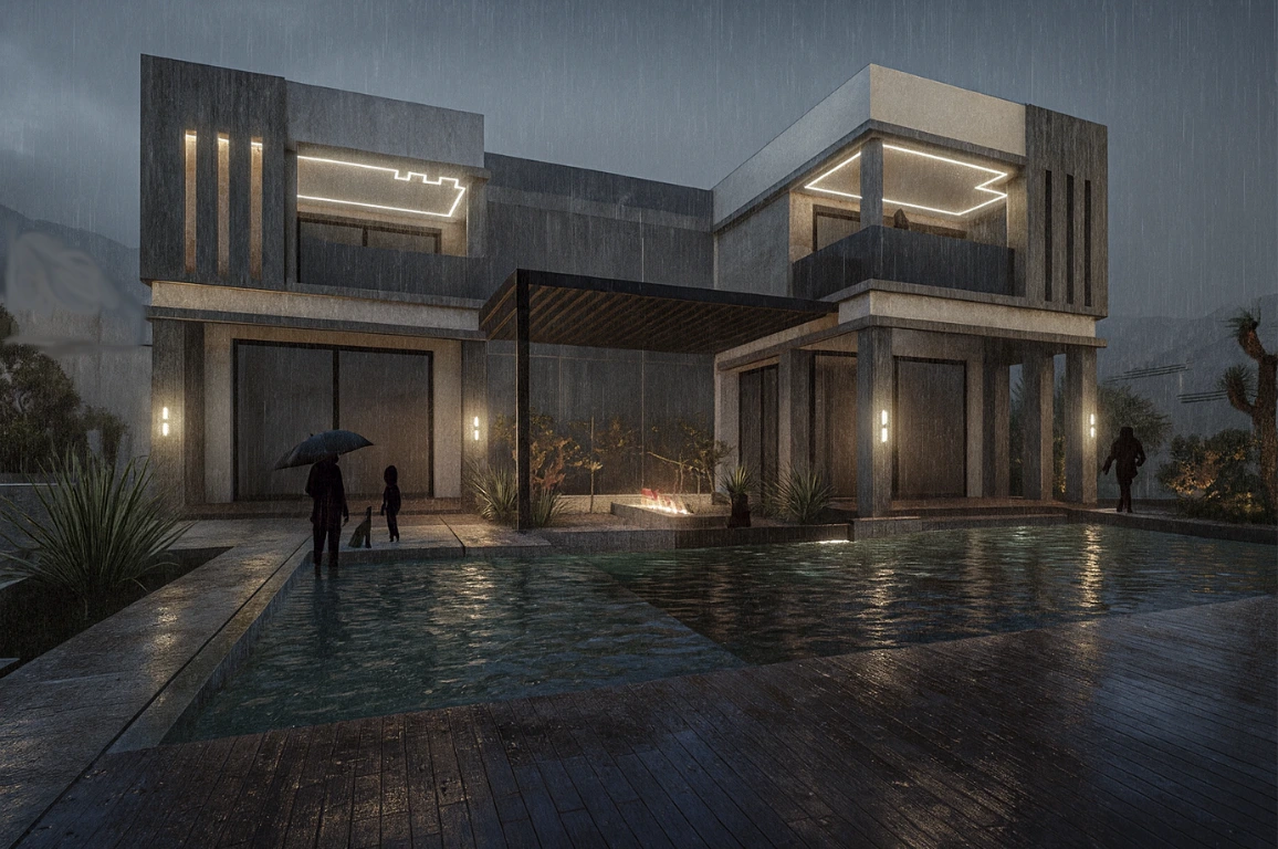 Contemporary luxury villa facade at Villa Mghayer showcasing clean architectural volumes, concrete textures, and modern design language.