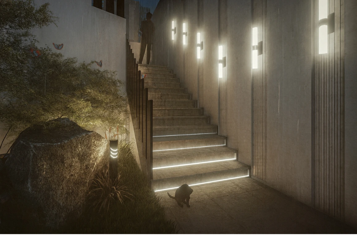 Exterior staircase at Villa Mghayer highlighting modern concrete architecture, clean lines, and seamless indoor–outdoor circulation.
