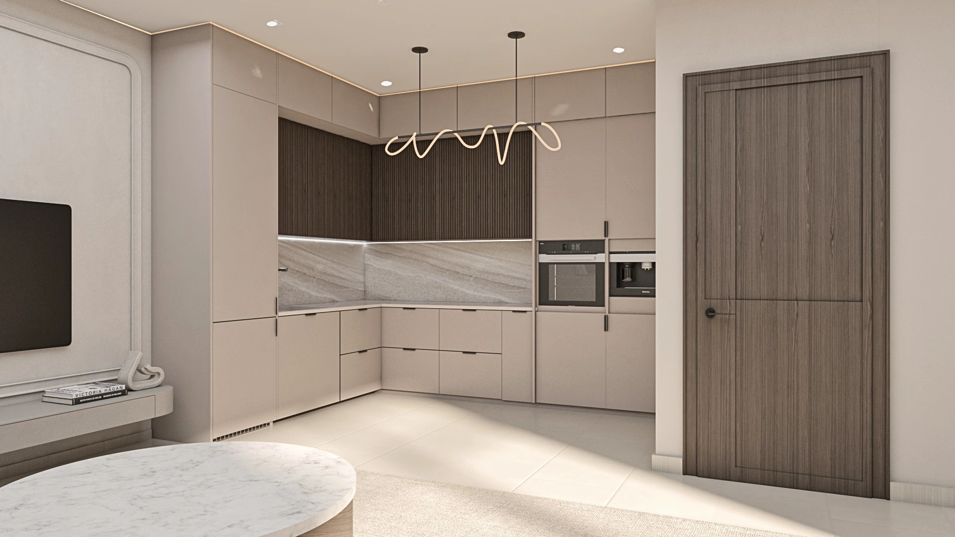 Luxury minimalist kitchen at Villa Mghayer featuring custom cabinetry, integrated appliances, and refined natural finishes.