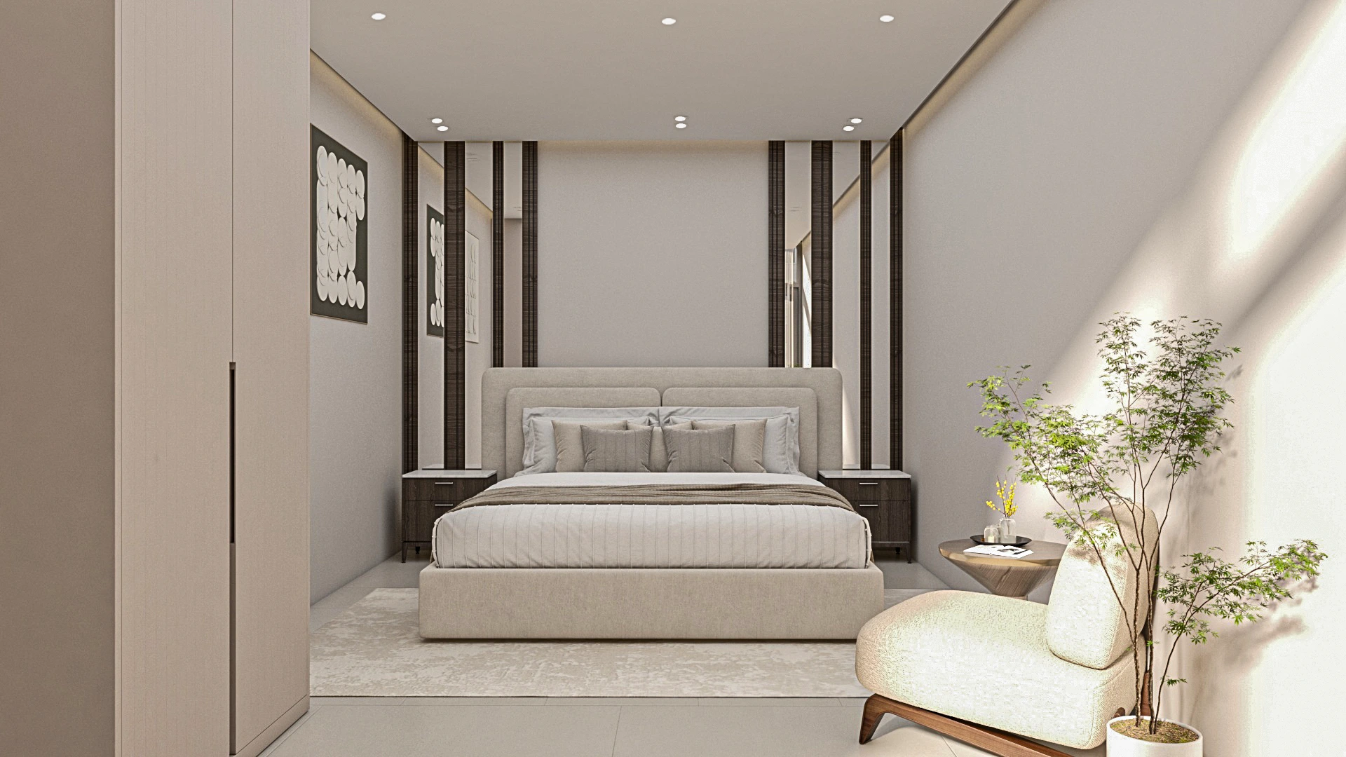 Elegant bedroom at Villa Mghayer designed with neutral tones, minimalist detailing, and a serene luxury ambiance.