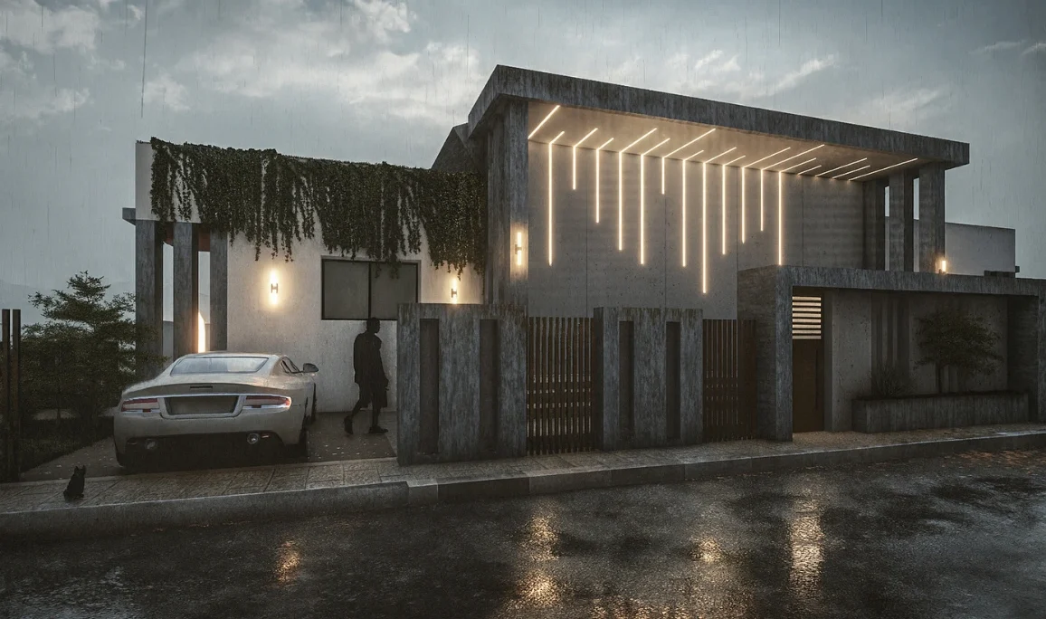 Contemporary luxury villa facade at Villa Mghayer showcasing clean architectural volumes, concrete textures, and modern design language.