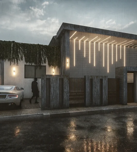 Contemporary luxury villa facade at Villa Mghayer showcasing clean architectural volumes, concrete textures, and modern design language.