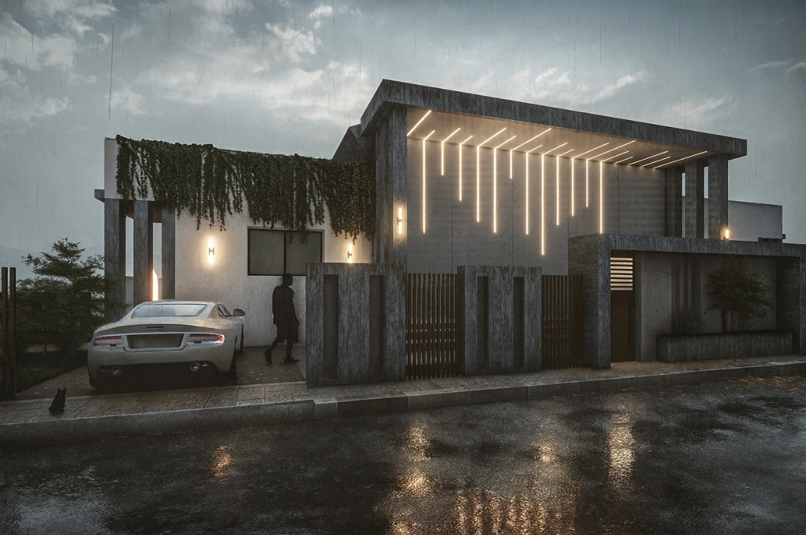 Contemporary luxury villa facade at Villa Mghayer showcasing clean architectural volumes, concrete textures, and modern design language.