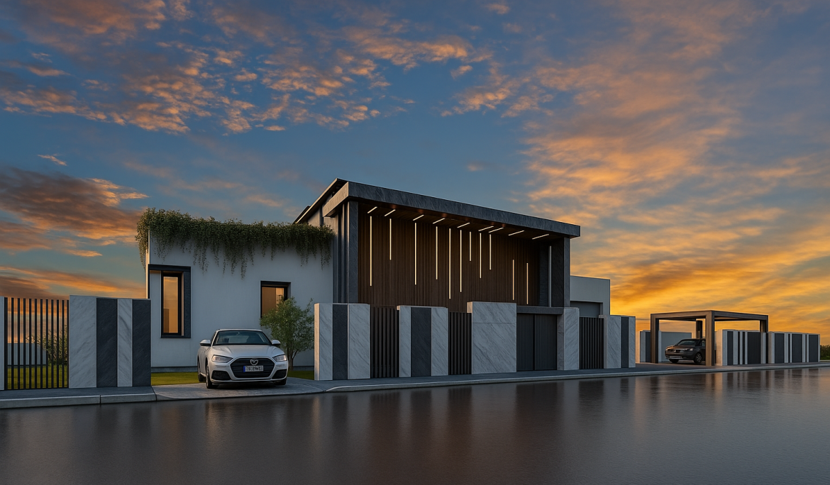 Exterior view of Villa Mghayar with geometric façade at sunset