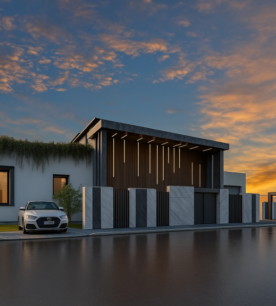 Exterior view of Villa Mghayar with geometric façade at sunset