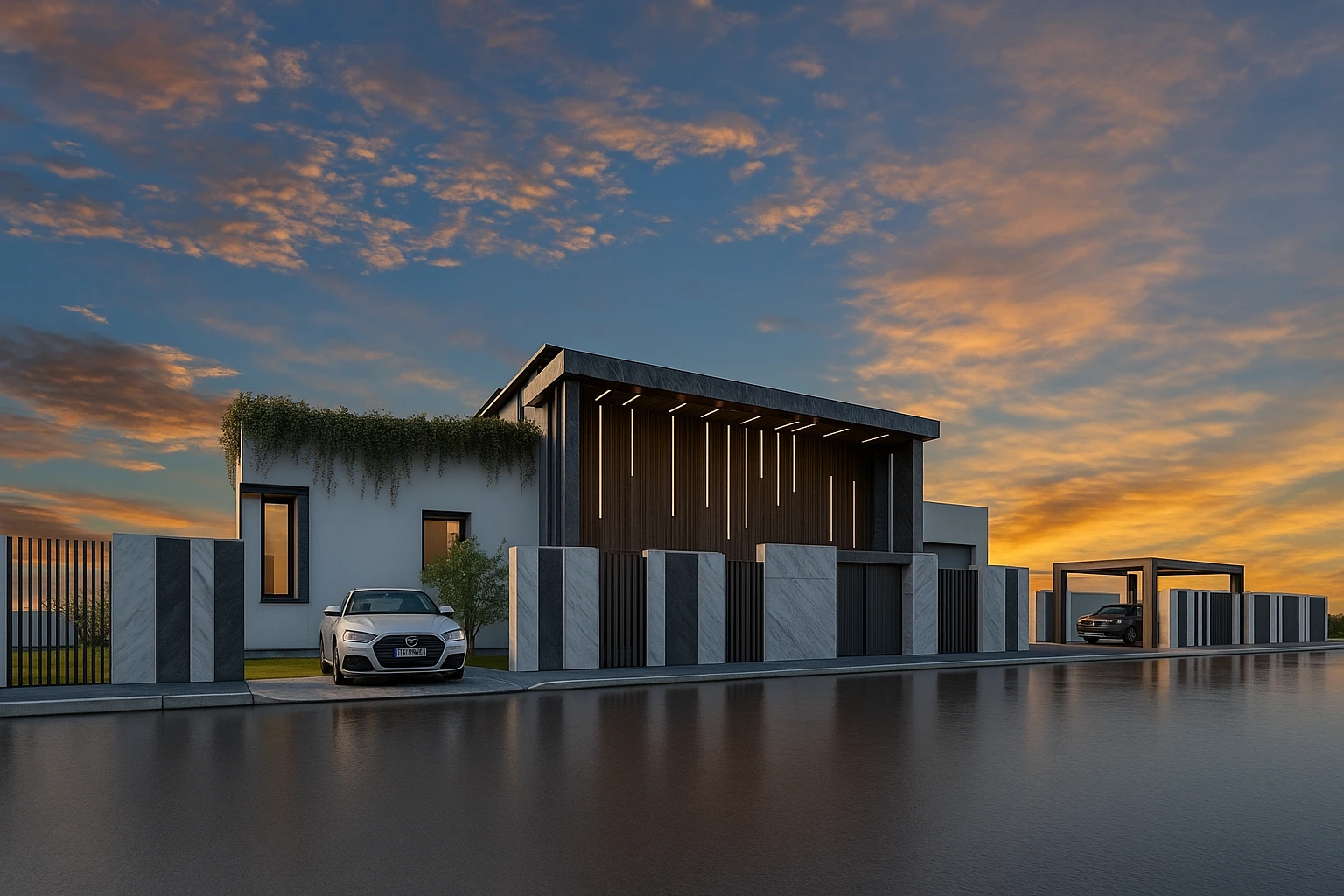 Villa moderne avec façade minimaliste et clôture design, au coucher du soleil.