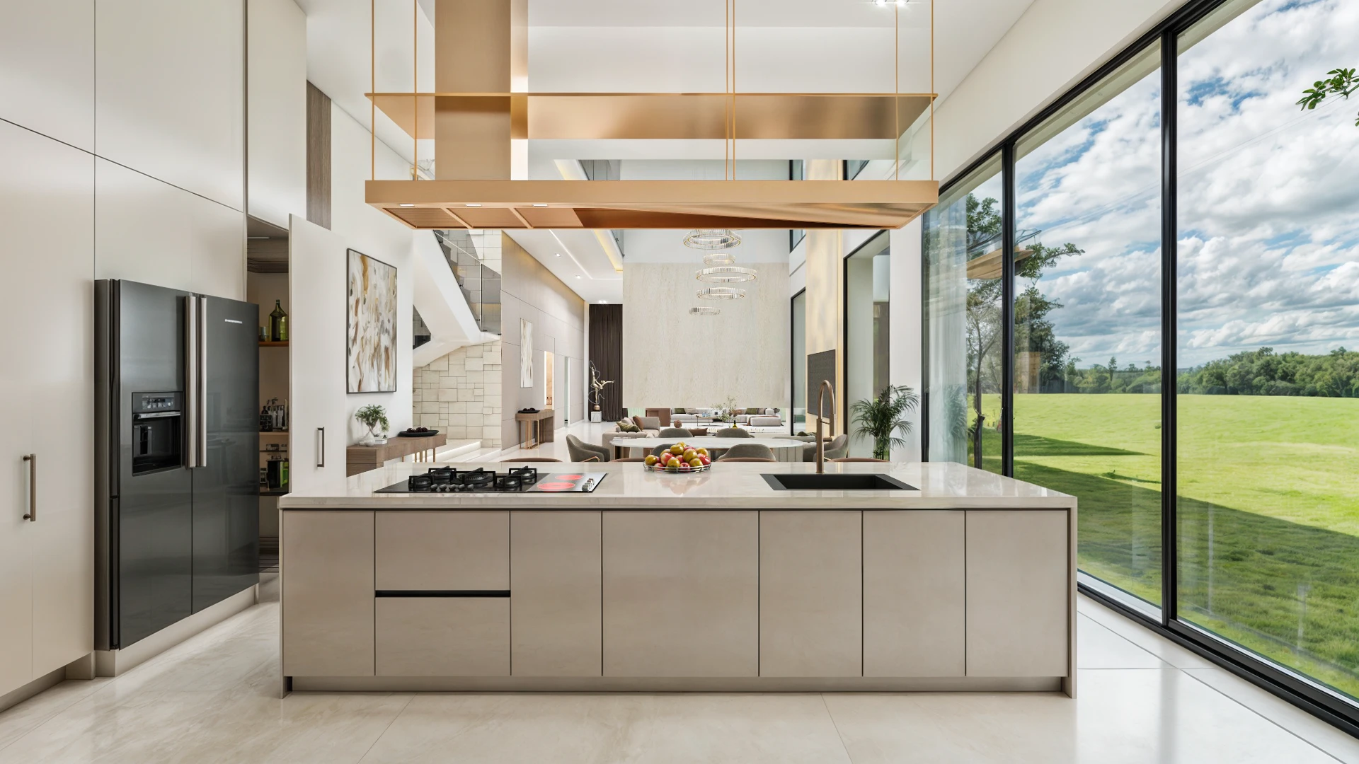 Contemporary kitchen with island, golden lighting, and glass garden views