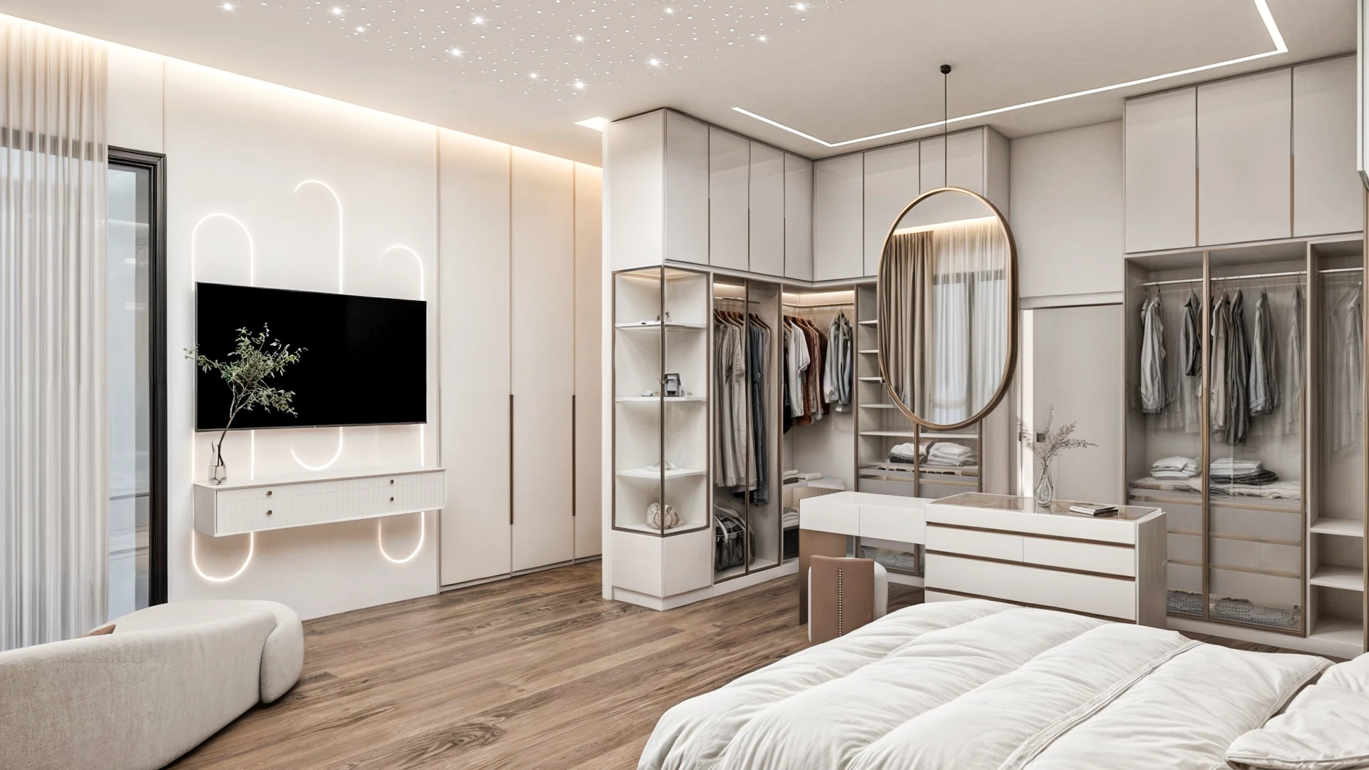 Luxury bedroom with custom wardrobe, ambient lighting, and soft finishes