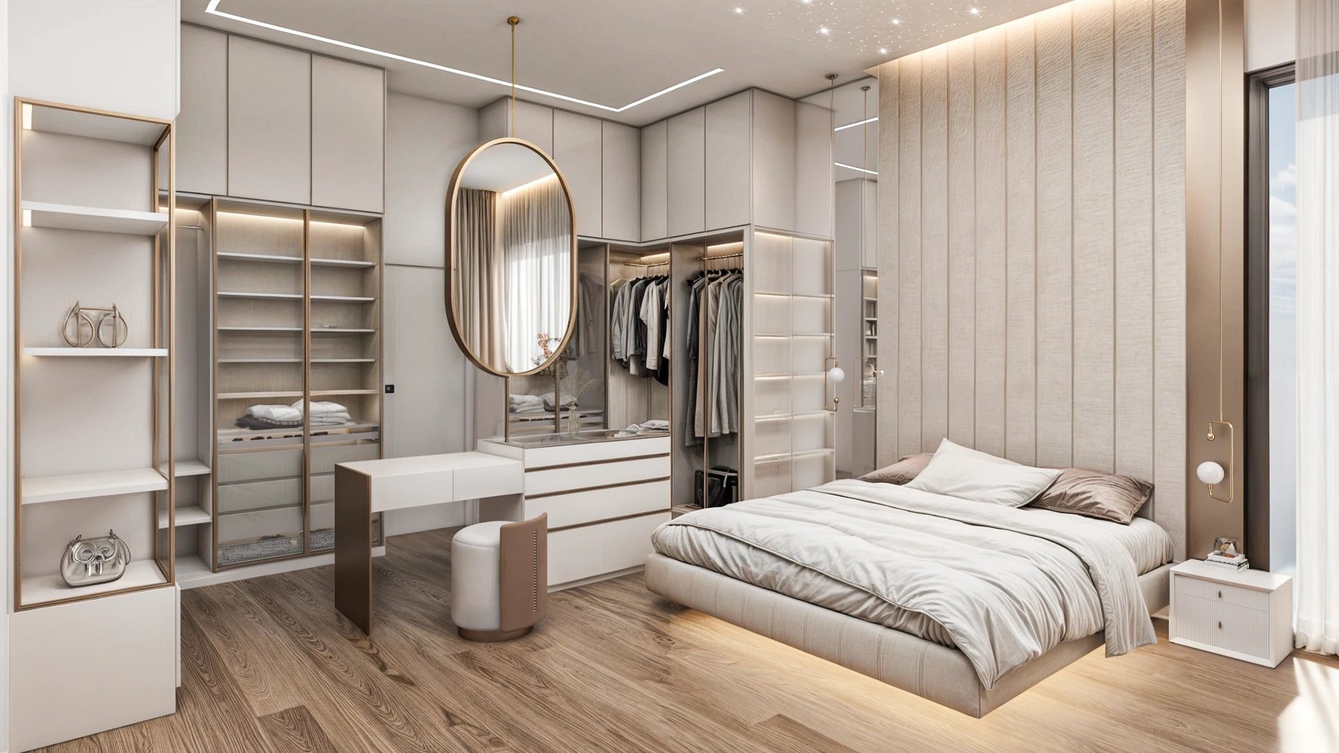 Interior view of bedroom with custom closets and soft wood flooring