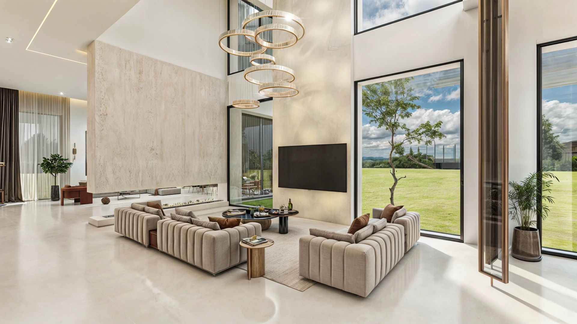 Panoramic living room with plush seating and a floating fireplace wall