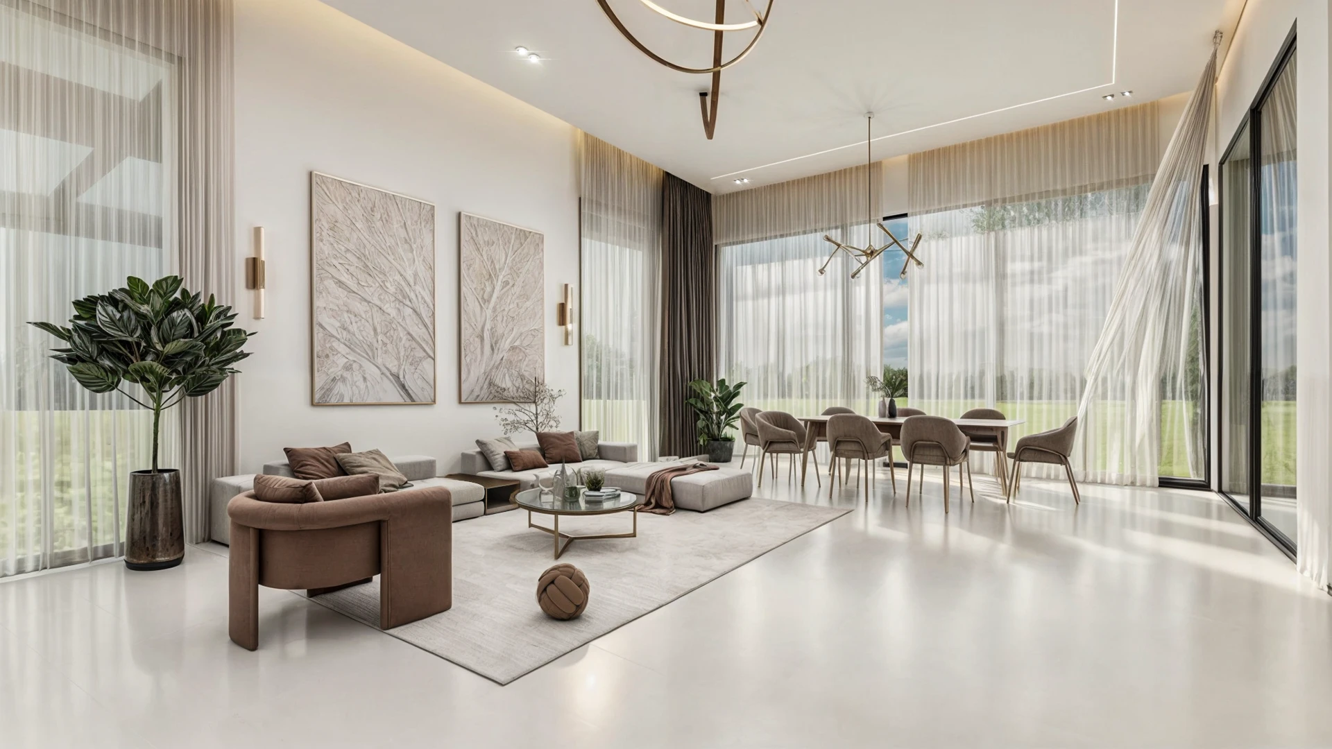 Modern living and dining room with large glazed windows and neutral tones