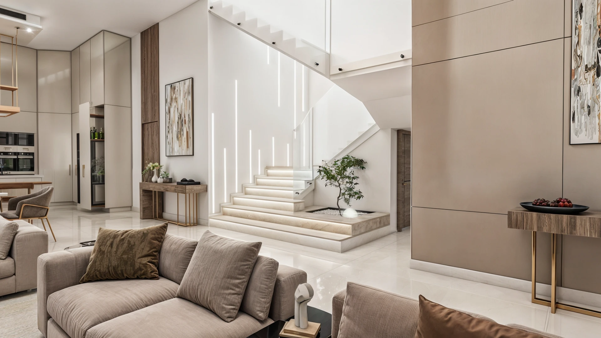 Minimalist staircase with vertical lighting and indoor greenery