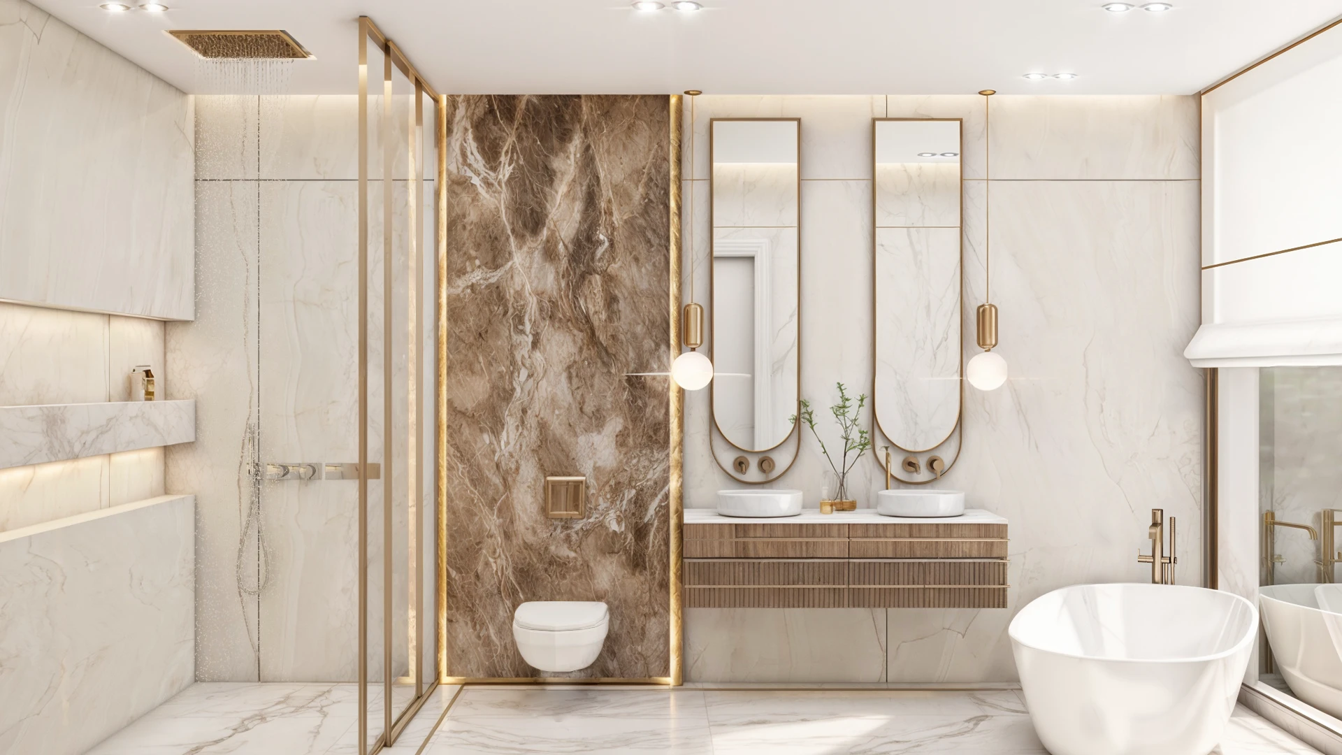 Luxurious bathroom with marble walls, golden accents, and double sinks