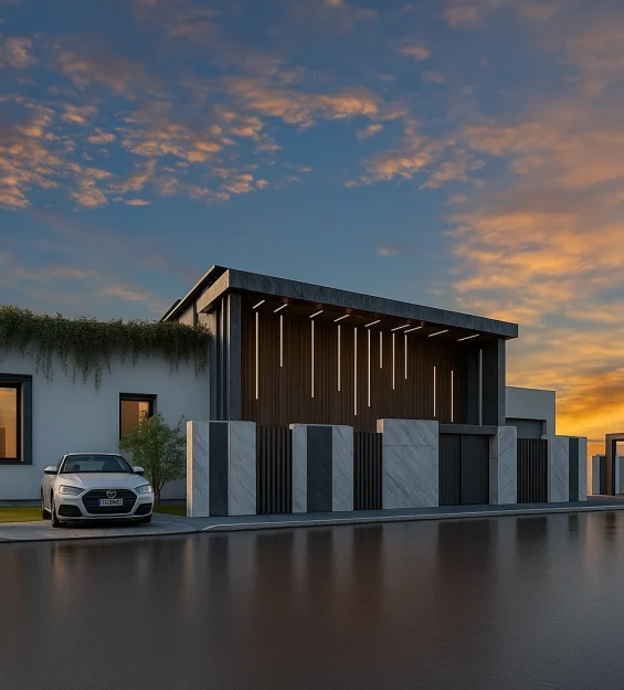Exterior view of Villa Mghayar with geometric façade at sunset