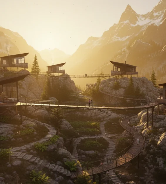 Conceptual view of autonomous micro-homes integrated into a natural landscape, emphasizing minimal intervention and harmony.