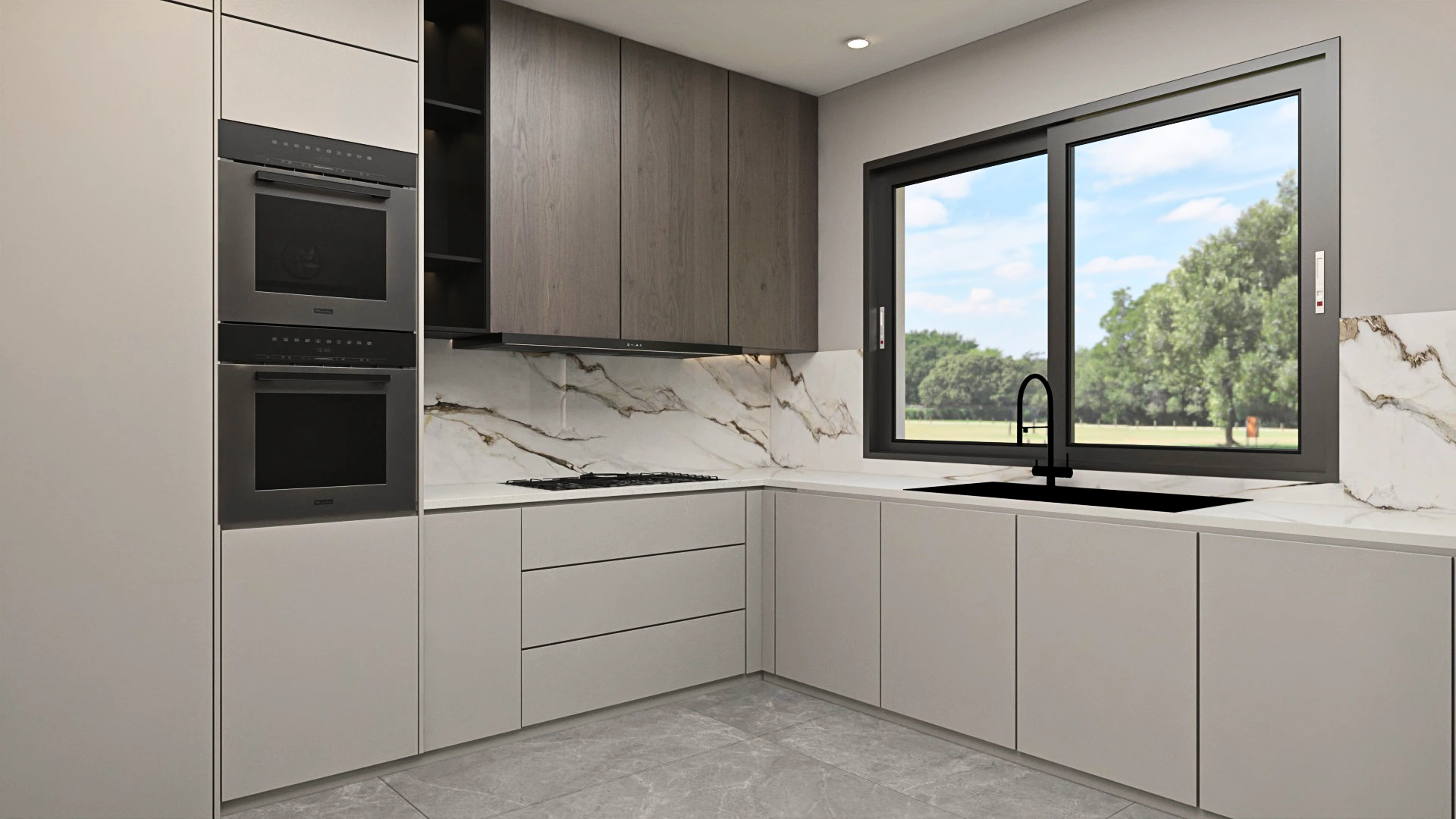 Luxury minimalist kitchen in Villa Épure featuring neutral tones, clean cabinetry, and integrated architectural lighting.