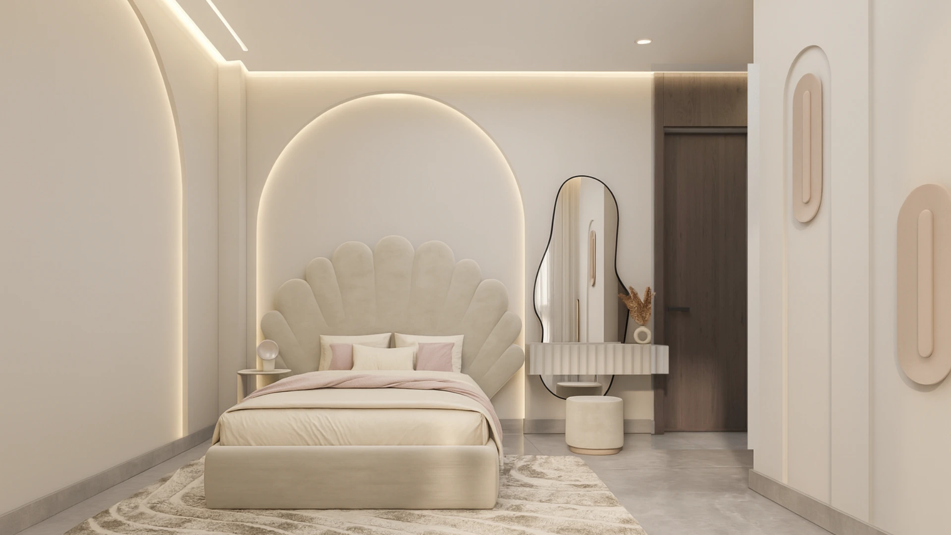 Luxury minimalist bedroom in Villa Épure with soft curves, neutral palette, and serene lighting atmosphere.