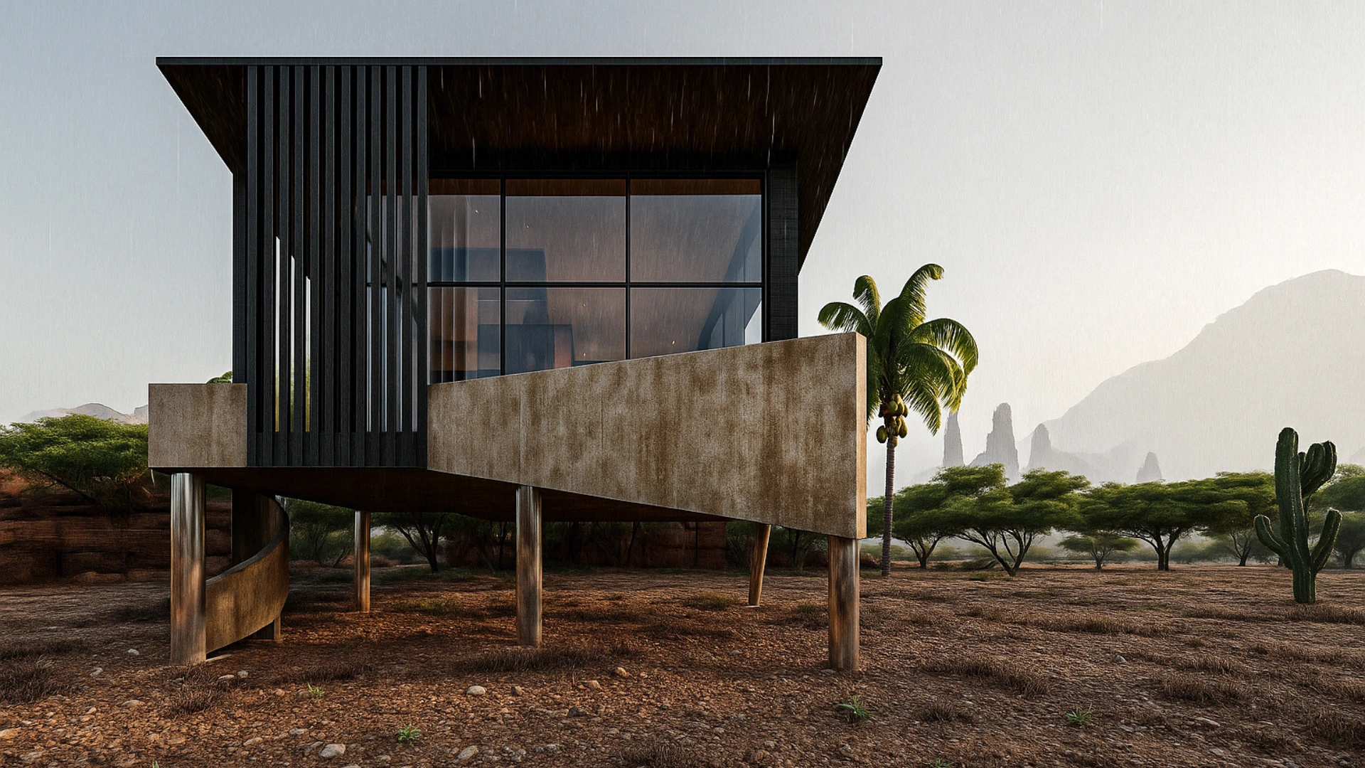 Minimalist elevated architecture of REFLECTA with slender supports and reduced ground impact.