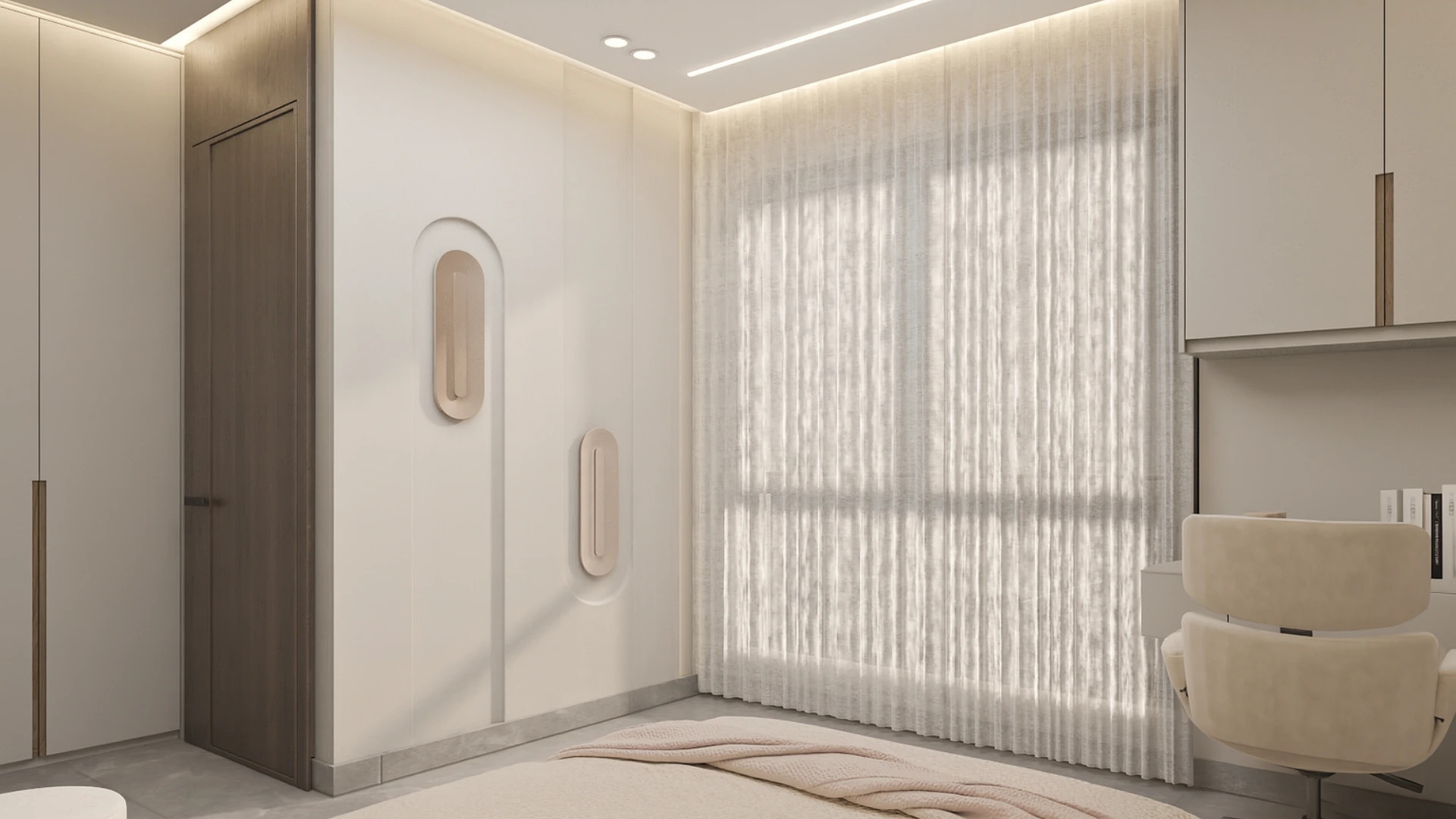 Luxury minimalist bedroom in Villa Épure with soft curves, neutral palette, and serene lighting atmosphere.