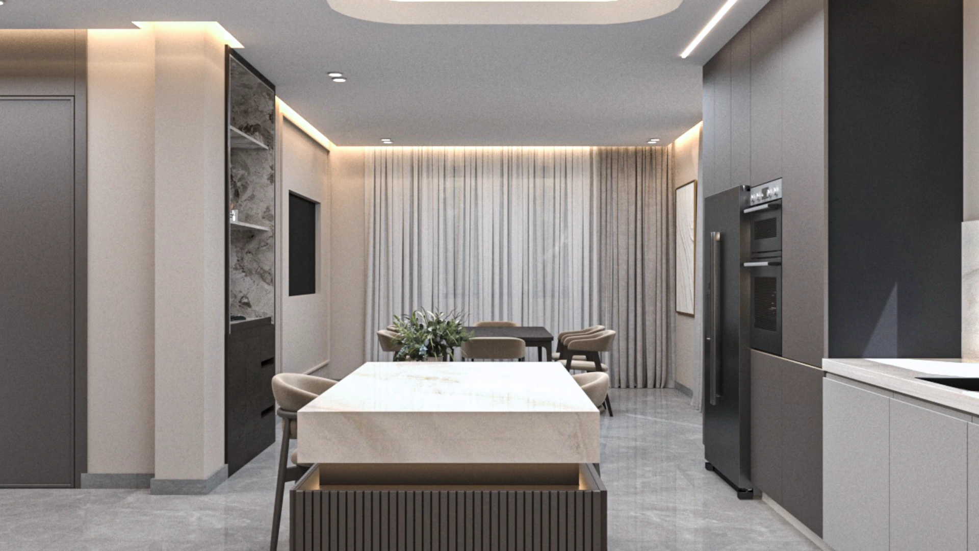 Minimalist living room in Villa Épure designed with soft textures, neutral colors, and a calm architectural composition.