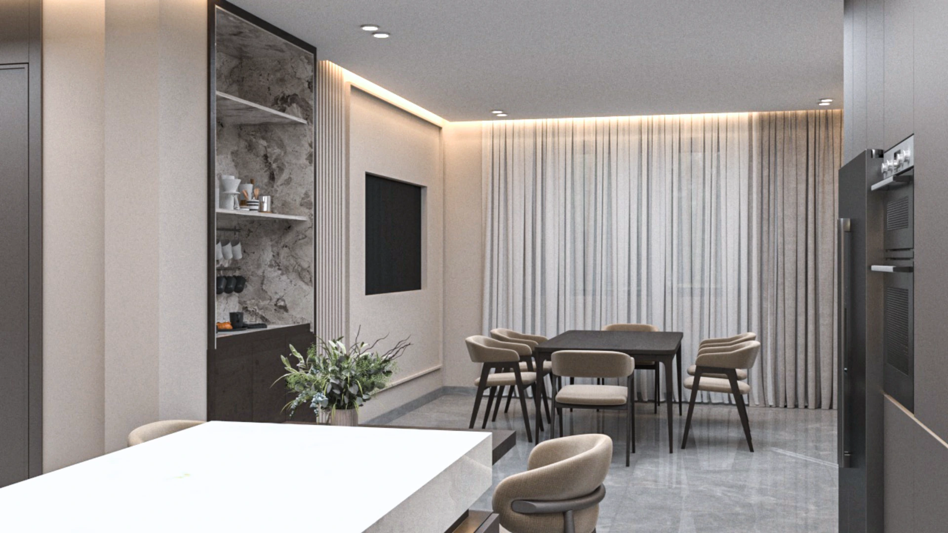 Minimalist living room in Villa Épure designed with soft textures, neutral colors, and a calm architectural composition.