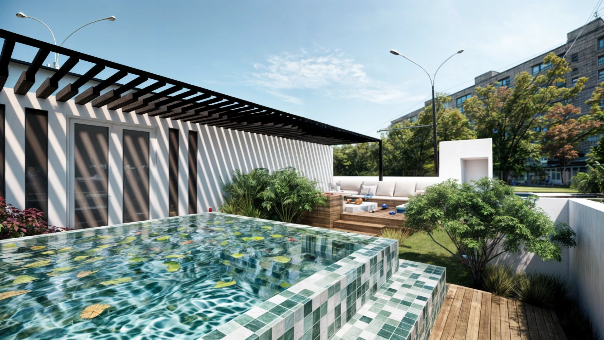 Rooftop terrace and pool area in Maison Re:Form designed as a modern outdoor living space within an urban renovation project.