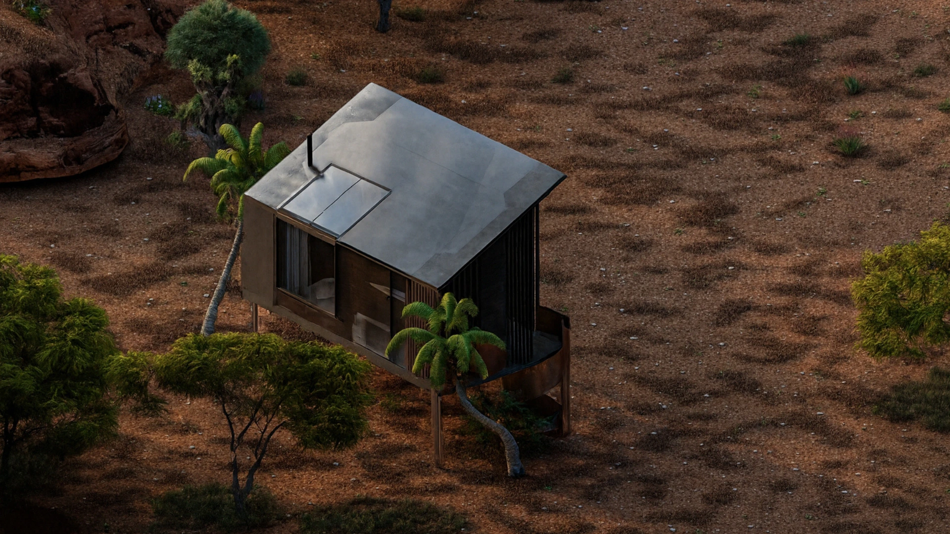 REFLECTA micro-home seen from above with mirrored surfaces blending into the surrounding landscape.