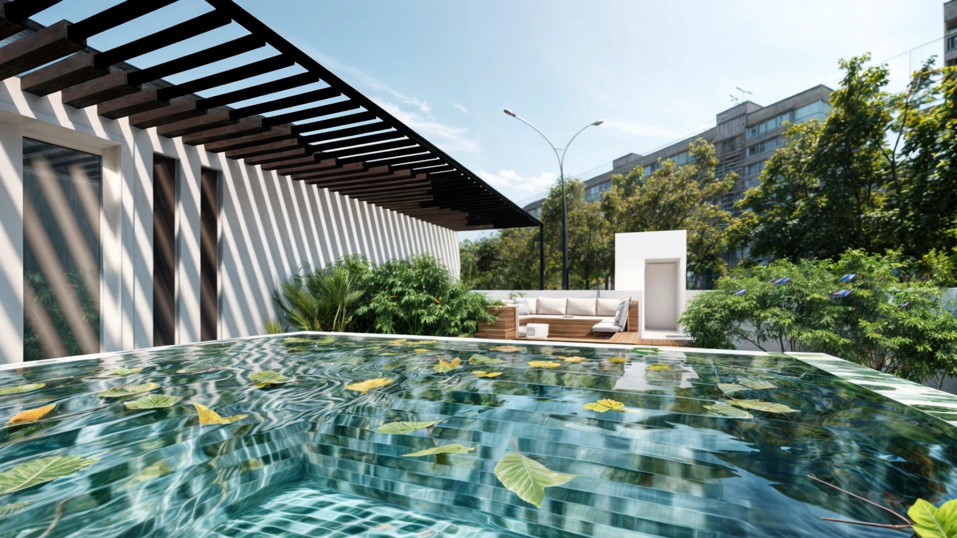 Rooftop terrace and pool area in Maison Re:Form designed as a modern outdoor living space within an urban renovation project.