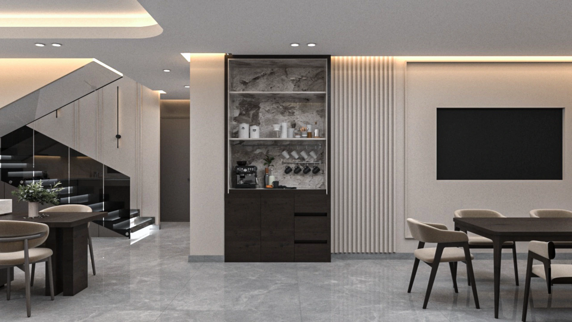 Minimalist living room in Villa Épure designed with soft textures, neutral colors, and a calm architectural composition.