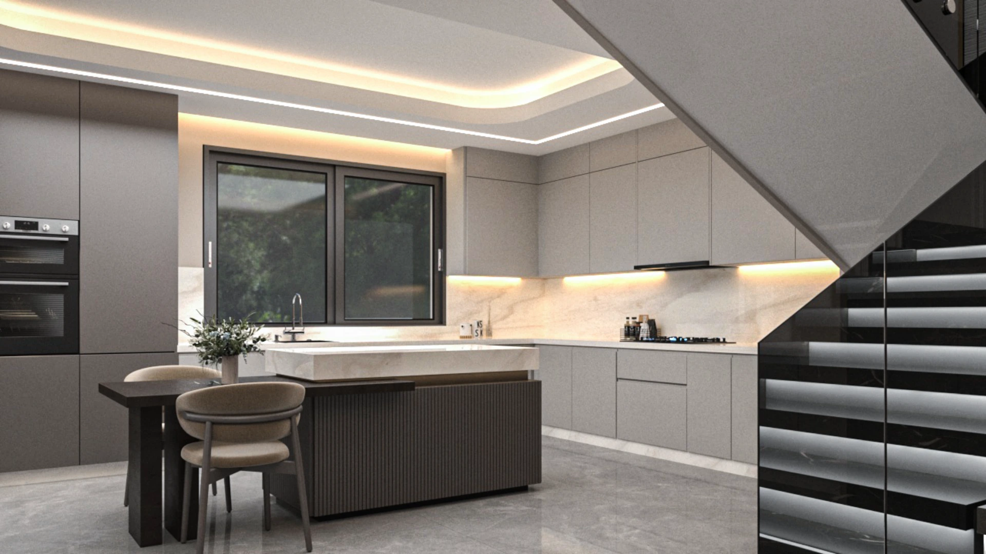 Minimalist living room in Villa Épure designed with soft textures, neutral colors, and a calm architectural composition.