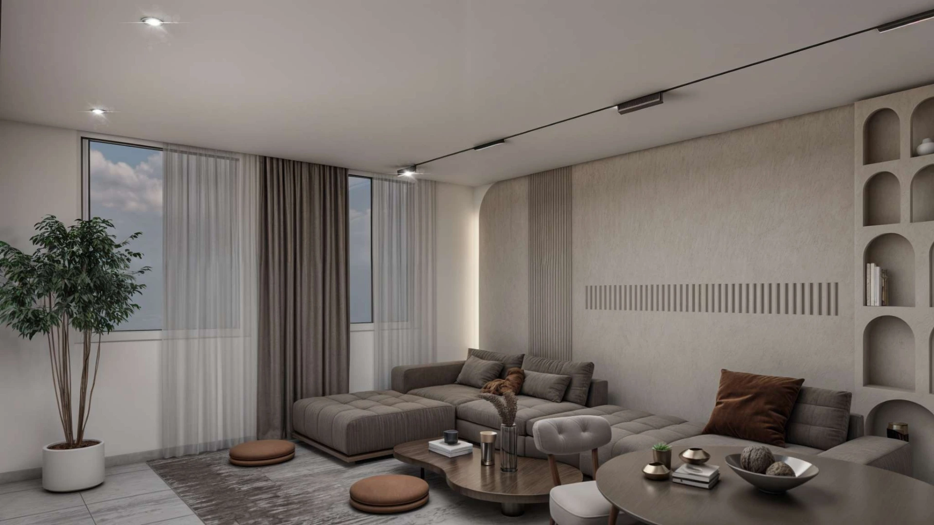 Contemporary living area in Maison Re:Form designed with neutral colors, open layout, and modern renovation details.