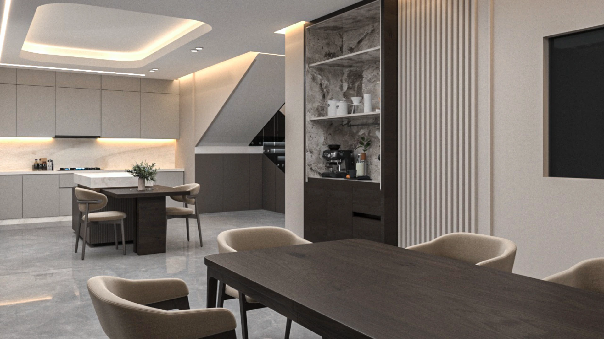 Minimalist living room in Villa Épure designed with soft textures, neutral colors, and a calm architectural composition.