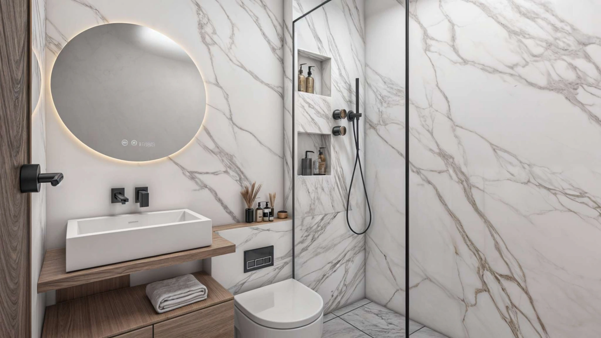 Contemporary bathroom in Maison Re:Form showcasing marble finishes, clean lines, and a refined renovation design.