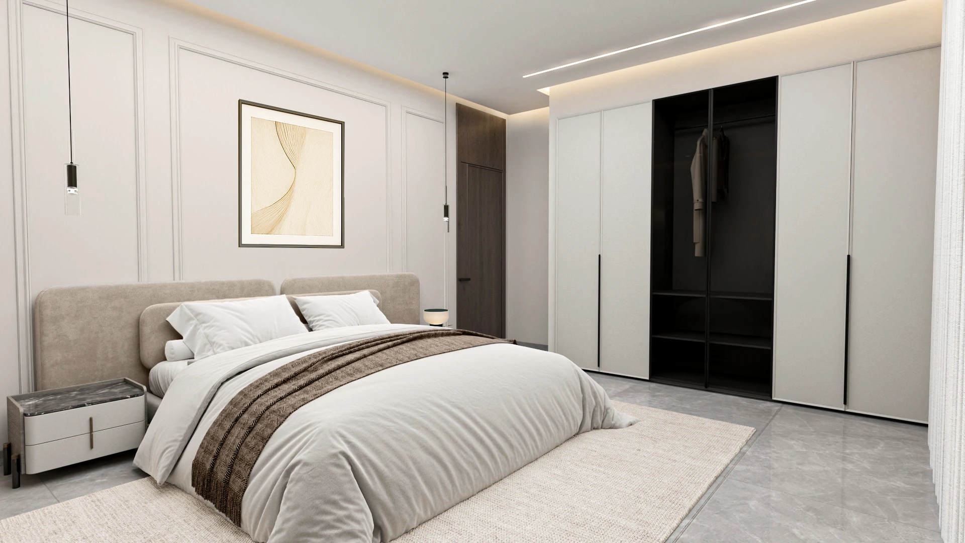 Luxury minimalist bedroom in Villa Épure with soft curves, neutral palette, and serene lighting atmosphere.