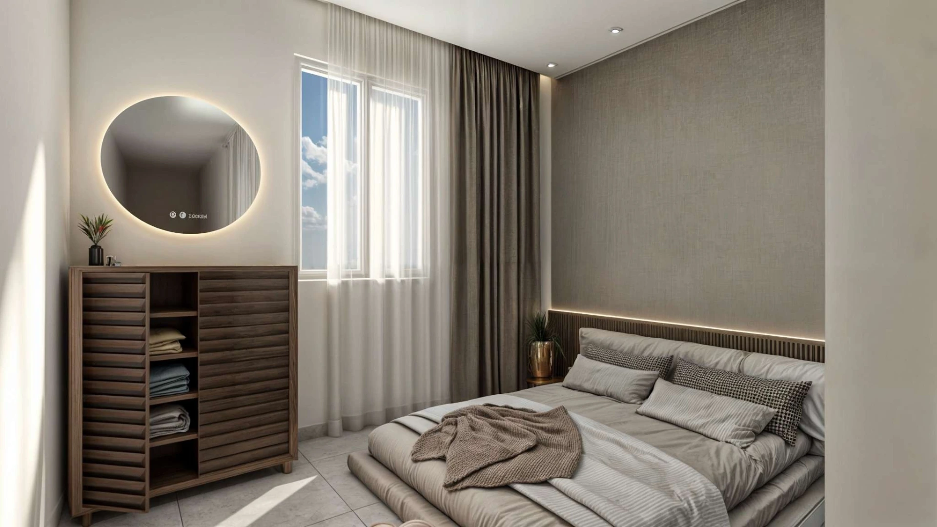 Minimalist bedroom in Maison Re:Form featuring soft neutral tones, integrated lighting, and a calm contemporary atmosphere.