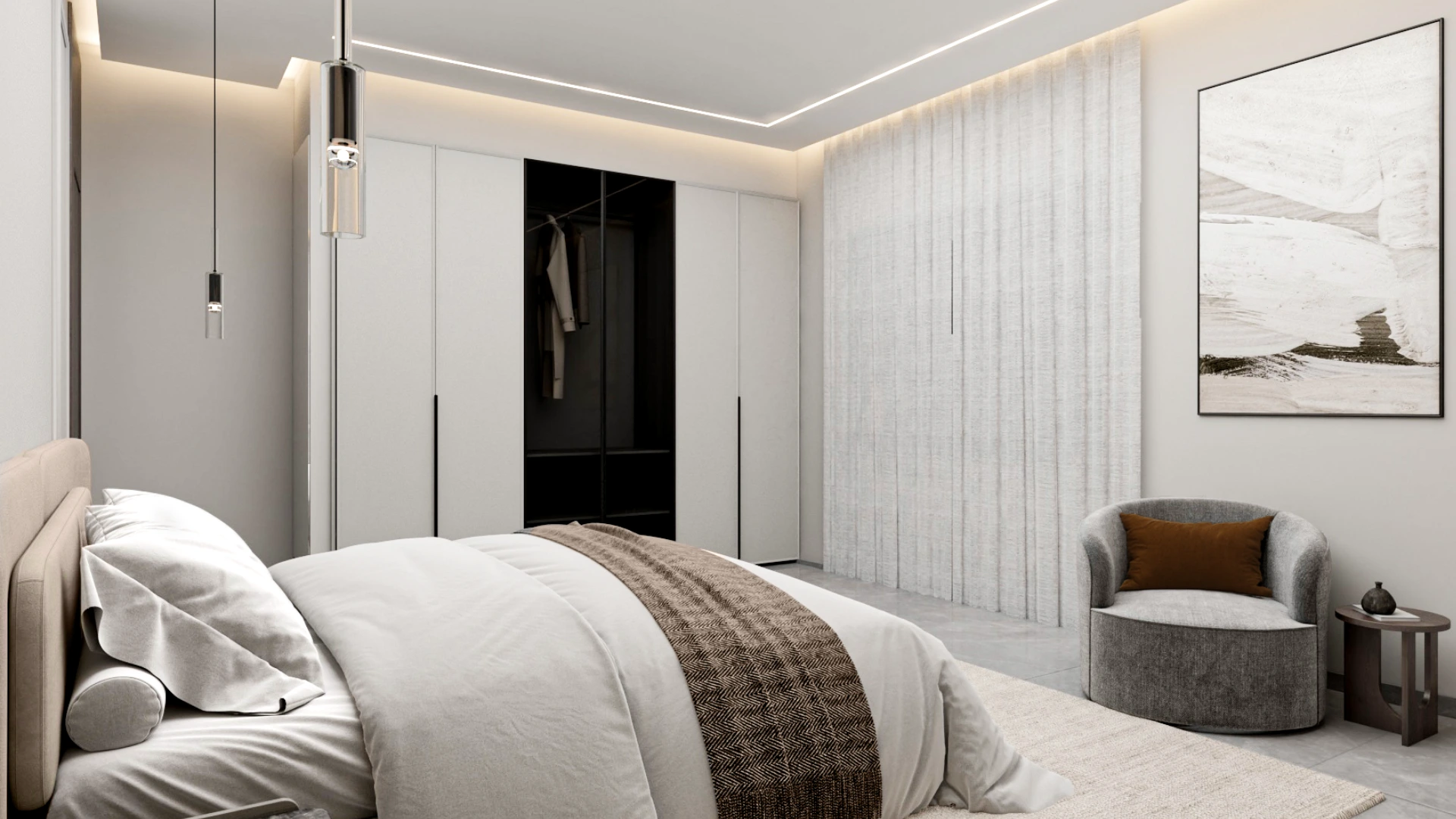 Luxury minimalist bedroom in Villa Épure with soft curves, neutral palette, and serene lighting atmosphere.