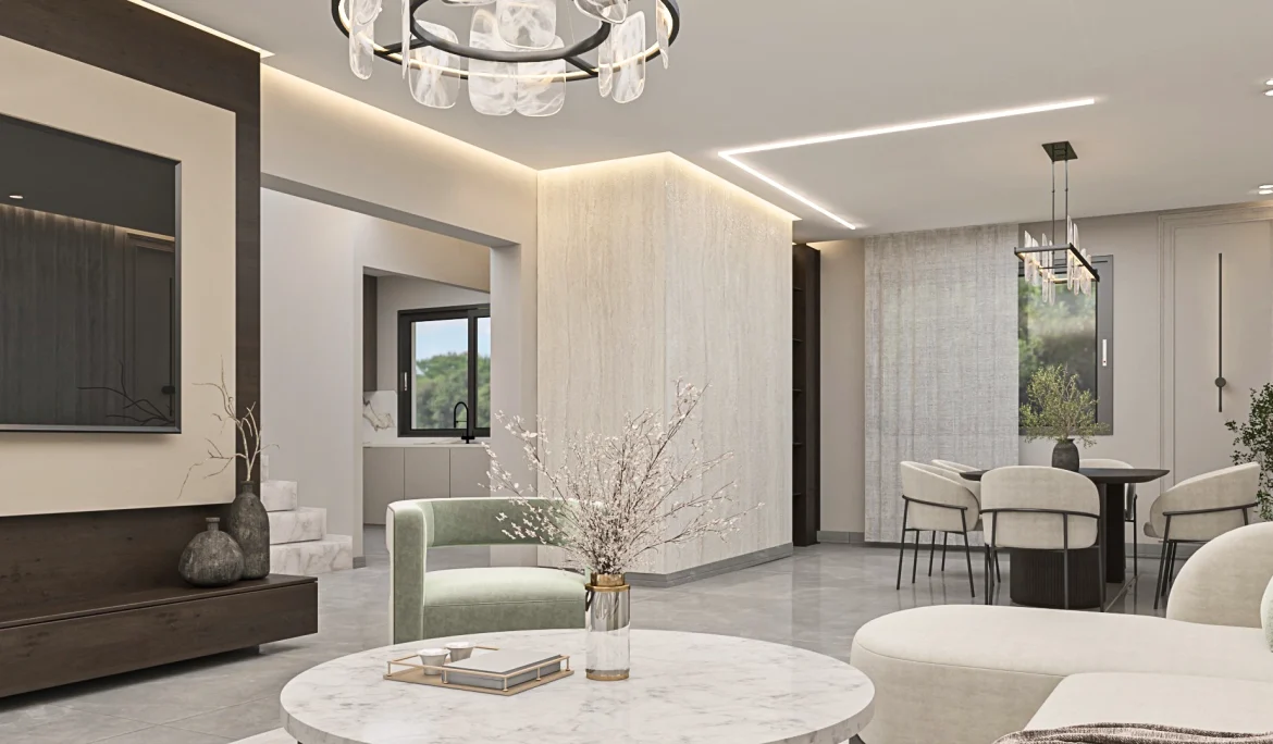 Contemporary dining area in Villa Épure with minimalist furniture, soft lighting, and refined material finishes.