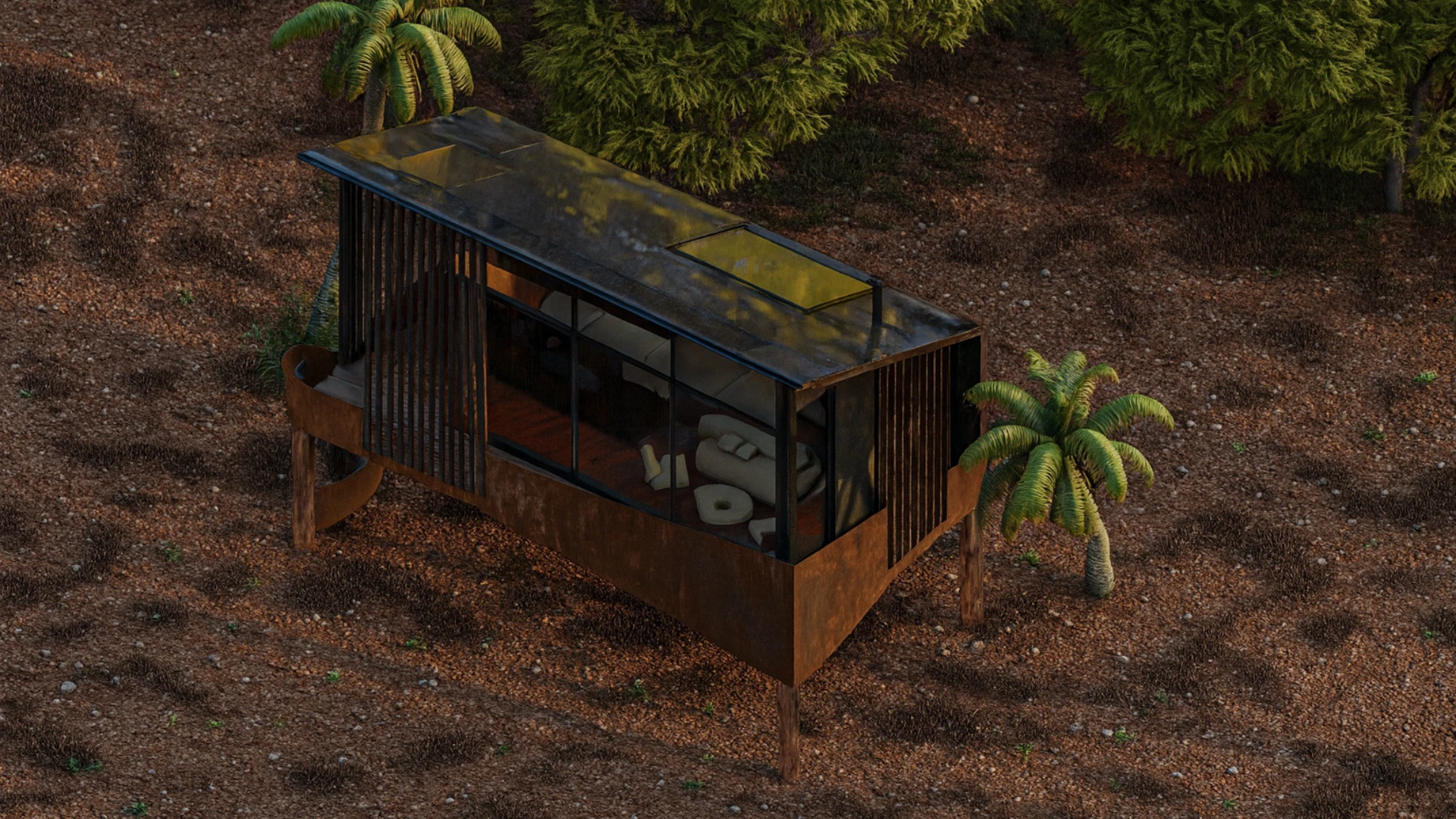 REFLECTA micro-home seen from above with mirrored surfaces blending into the surrounding landscape.