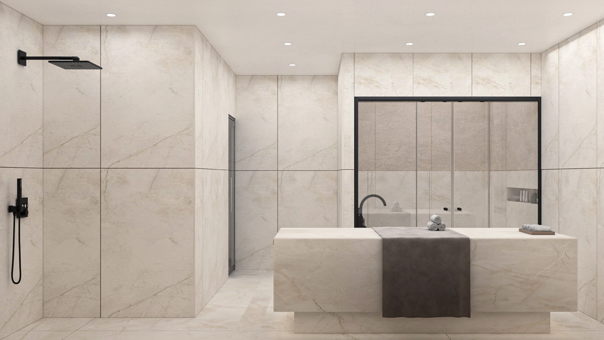 Luxury minimalist bathroom in Villa Épure featuring refined finishes, clean lines, and soft integrated lighting for a calm, contemporary atmosphere.