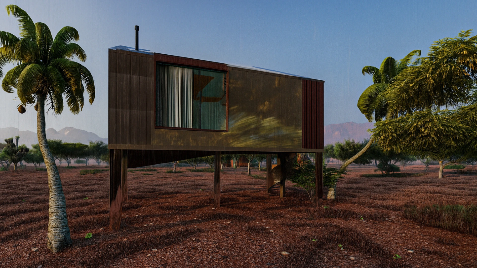 Elevated autonomous micro-home REFLECTA showcasing minimalist architecture raised lightly above the natural terrain.