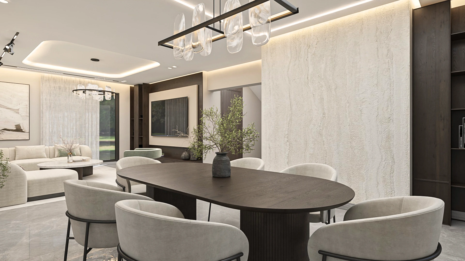 Contemporary dining area in Villa Épure with minimalist furniture, soft lighting, and refined material finishes.