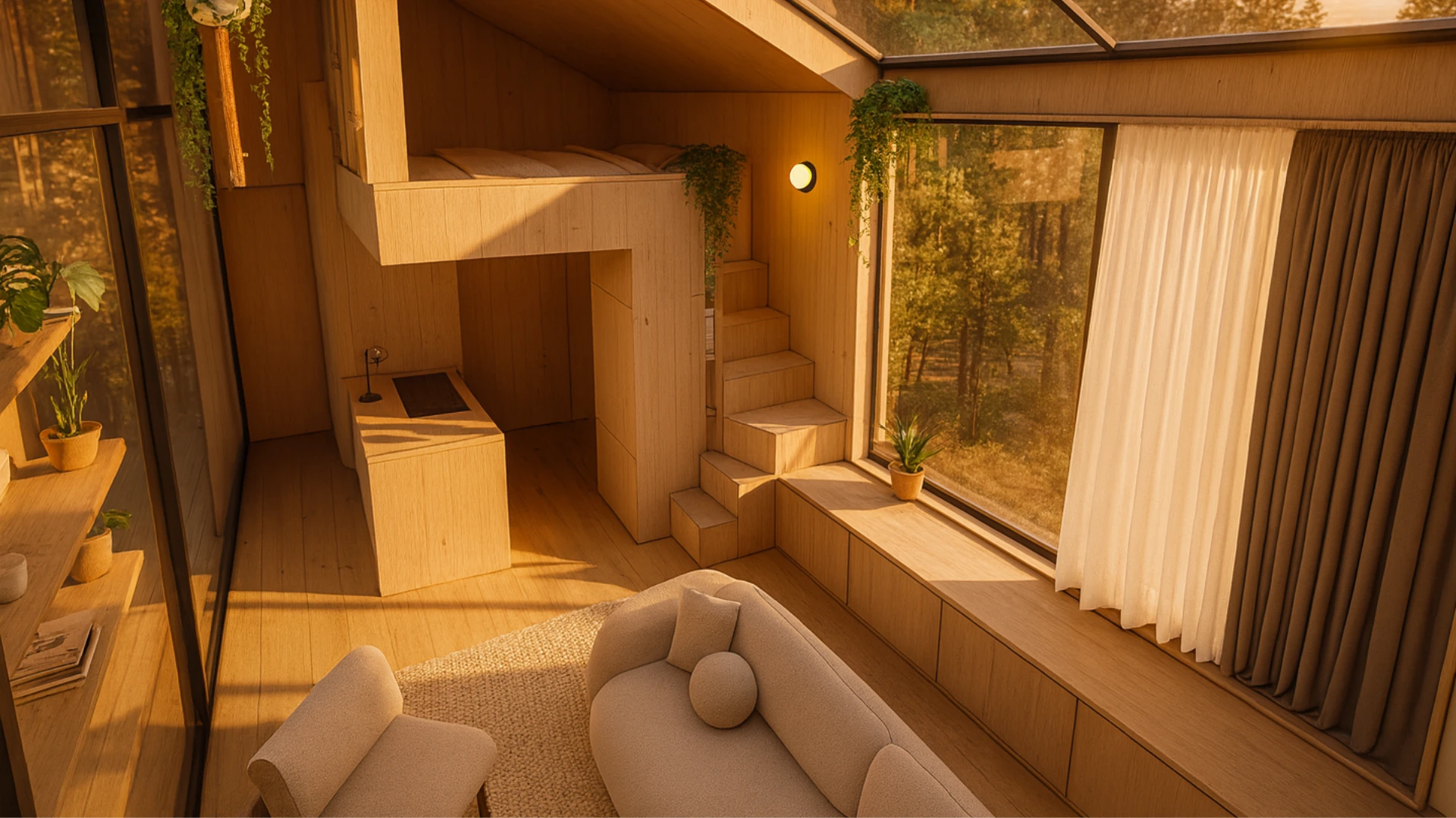 Minimalist interior living space inside REFLECTA featuring natural wood finishes, built-in seating, and soft daylight.