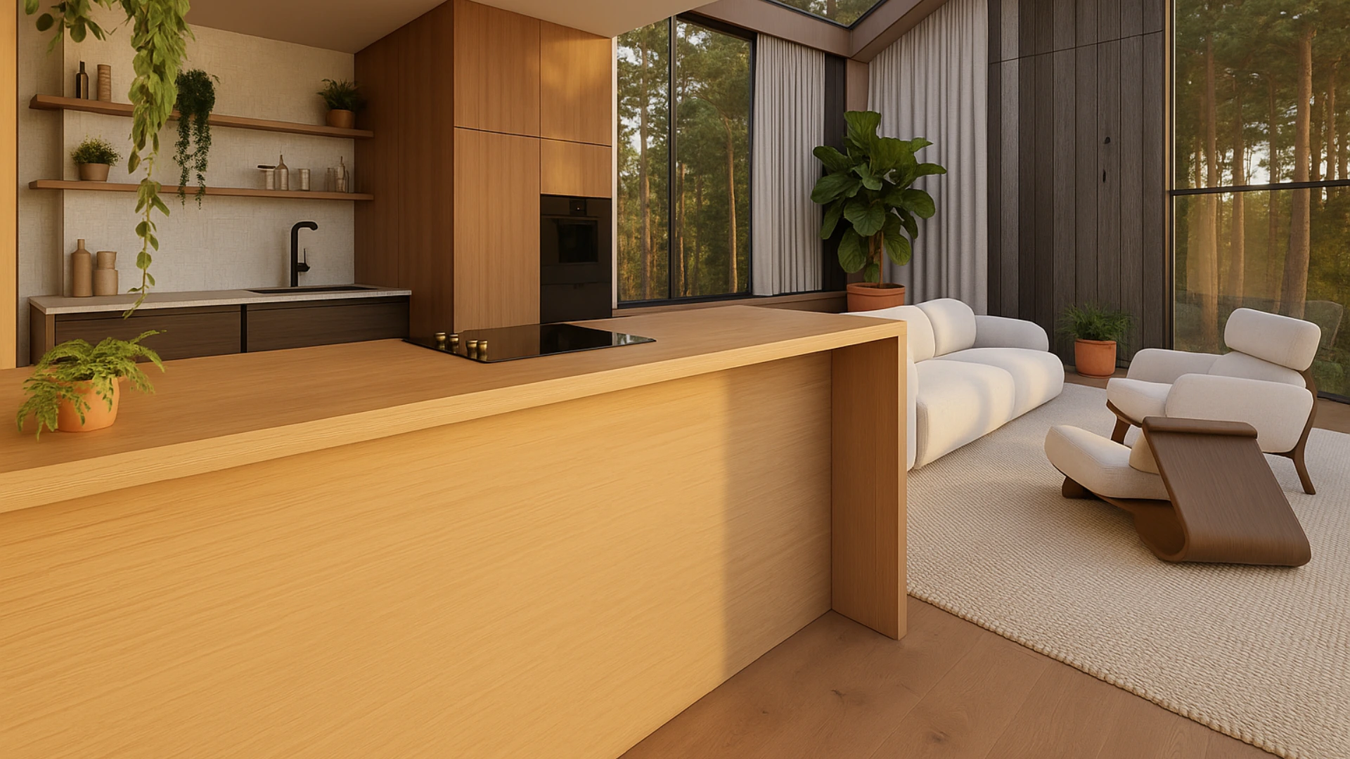 Open-plan kitchen and living area in REFLECTA combining integrated cabinetry, natural materials, and functional minimalist design.