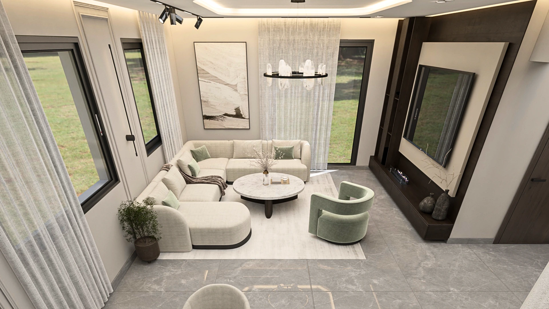 Contemporary dining area in Villa Épure with minimalist furniture, soft lighting, and refined material finishes.