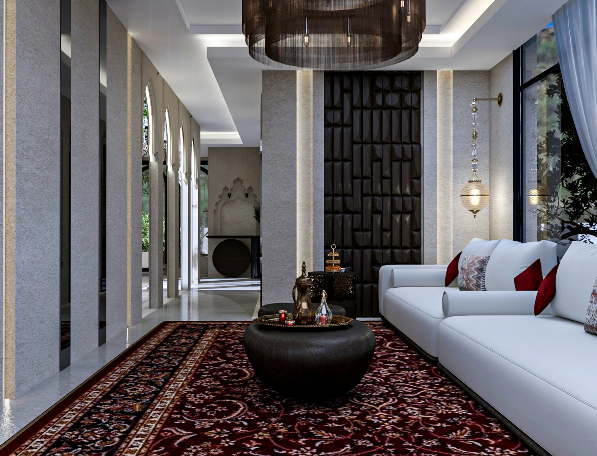 Contemporary majlis in Al Mustaqarr designed for hospitality, blending modern elegance with ancestral Islamic design language.